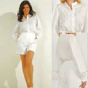 NWOT Marciano Guess Embroidered Linen Blend Shirt Puff Sleeve Cream XXS like S-M
